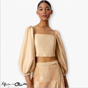 Alice + Olivia *NWT* Bronte Vegan Leather Blouson Sleeve Bustier Crop Top Almond